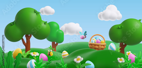 Realistic green lawn with Easter eggs, trees, flowers, butterflies and bees flying, vector spring holiday forest nature