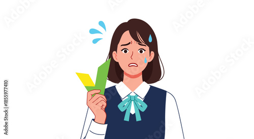 A nervous japanese female student is sweating and holding a shoshinsha mark which indicates she is a beginner.