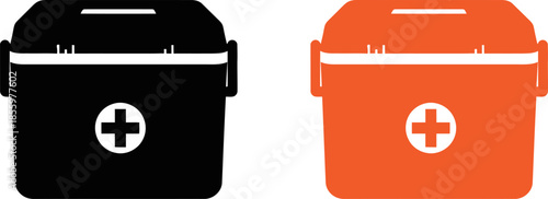 Two first aid kits, one black and one orange, with red crosses, for emergency medical situations