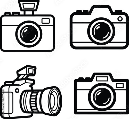 Four different styles of black and white camera including vintage instant digital and DSLR