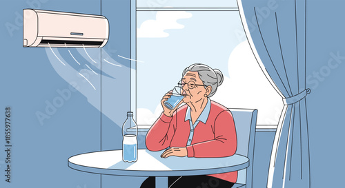 An elderly woman prevents heatstroke by drinking water and using the air conditioner to stay cool during a hot summer.