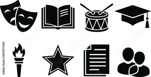 A collection of nine black and white representing various tools including wrenches pliers hammers