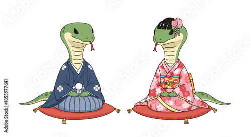 An adorable anthropomorphic snake couple dressed in traditional Japanese kimonos for a new year's celebration or wedding.