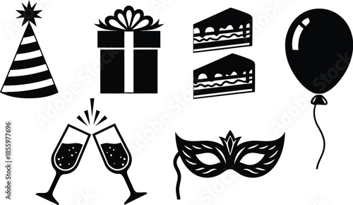 Seven black line representing celebration including party hat gift cake balloon and