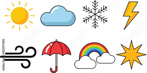 Colorful Weather Including Sun Cloud Snow Lightning Umbrella Rainbow Wind Star sunny weather