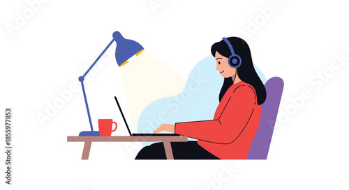 A smiling woman wearing headphones enjoys listening to music while working or studying online at her desk with a laptop.