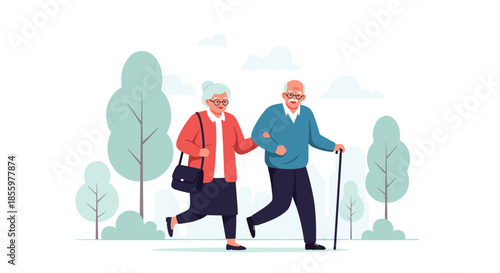 A loving senior couple enjoys a walk together in the park with the man using a cane for support.