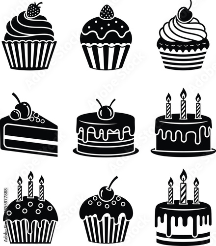 Nine black and white dessert featuring cupcakes cakes with candles and various toppings