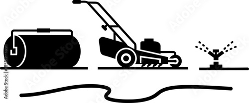 Minimalist Professional Lawn Care Icon Set with Lawnmower, Garden Roller, and Water Sprinkler System