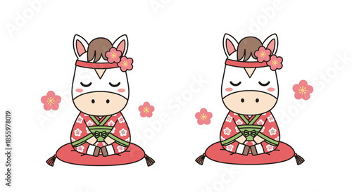 A cute cartoon horse character wearing a traditional pink floral kimono sitting politely on a cushion for new year's.