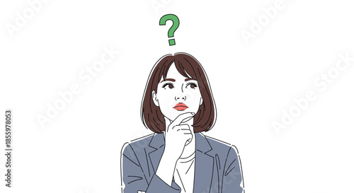 A young business woman in a suit is thinking deeply with a question mark above her head trying to solve a problem.