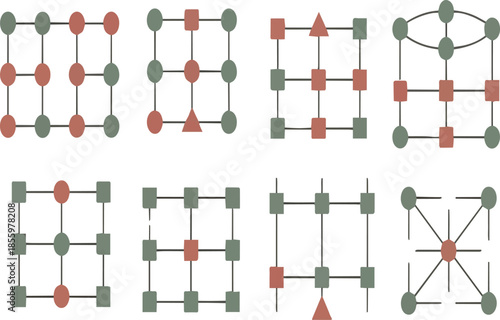 Collection of abstract geometric network diagrams with circles squares and triangles in muted green and red