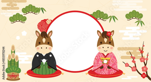 A japanese new year's card template for the year of the horse with a cute couple in kimonos and a photo frame.