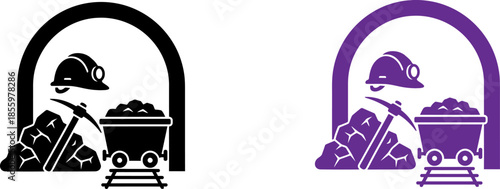 Two mining icons with coal cart and pickaxe in black and purple
