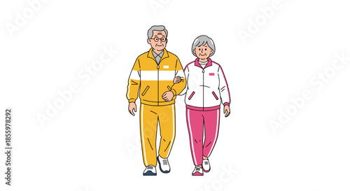 A happy senior couple in colorful tracksuits walks together with linked arms as part of an active retired lifestyle.