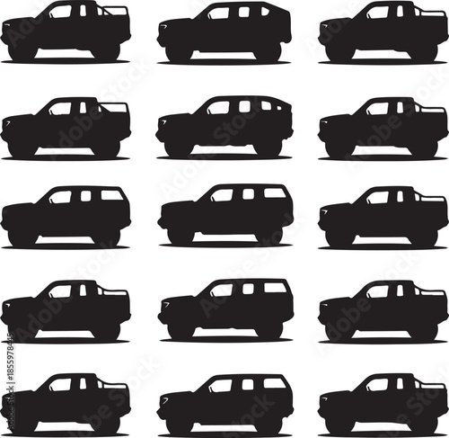 Collection of pickup trucks and suvs in silhouette style