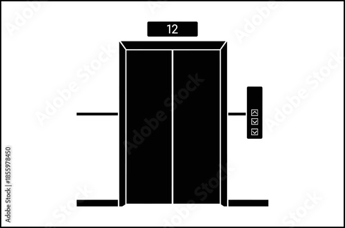 Sleek modern elevator doors on the 12th floor with a button panel, symbolizing easy access and vertical movement in a corporate setting.