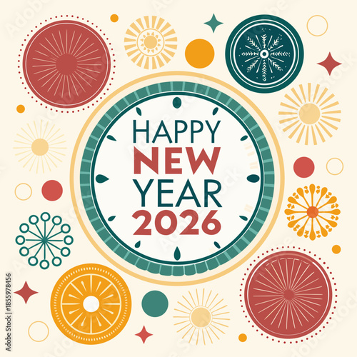 New Year 2026: The festive typography design spells Happy New Year 2026  with circular fireworks, starbursts, and stars, celebrating a hopeful vision.