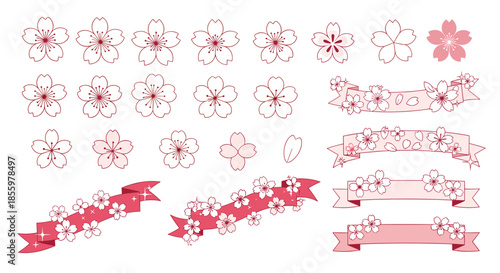 A lovely set of pink cherry blossom illustrations and decorative ribbon banners with a sparkling dotted texture for spring.