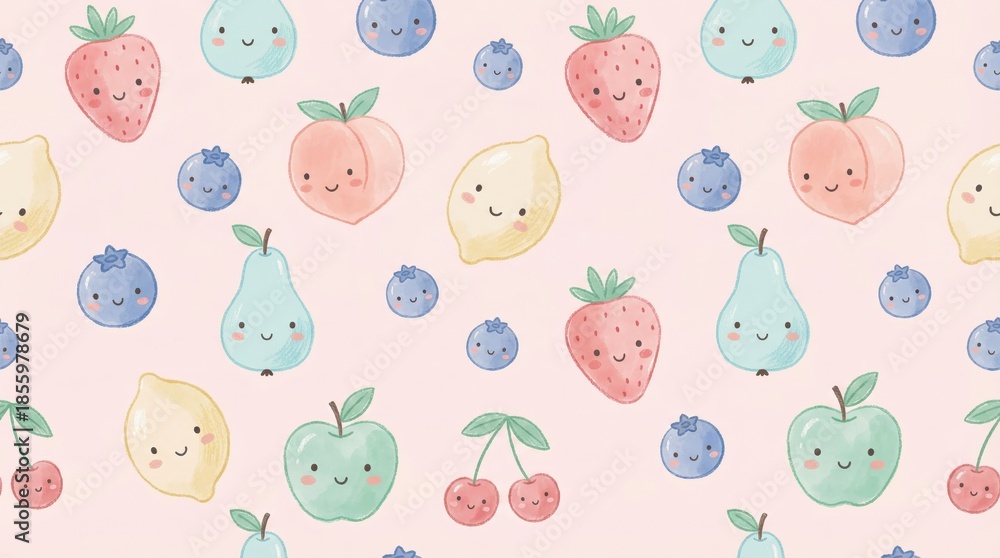 Obraz premium Cute cartoon fruits with happy faces on pastel background including strawberries, blueberries, peaches, lemons, pears, apples and cherries