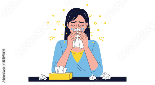 A woman suffering from severe hay fever is blowing her nose surrounded by pollen with a box of tissues nearby.