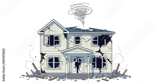 Illustration of a house destroyed by a natural disaster like a tornado or earthquake with broken windows and debris.