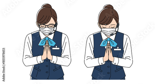 A female call center operator with a headset and face mask makes a gesture of apology or polite request.