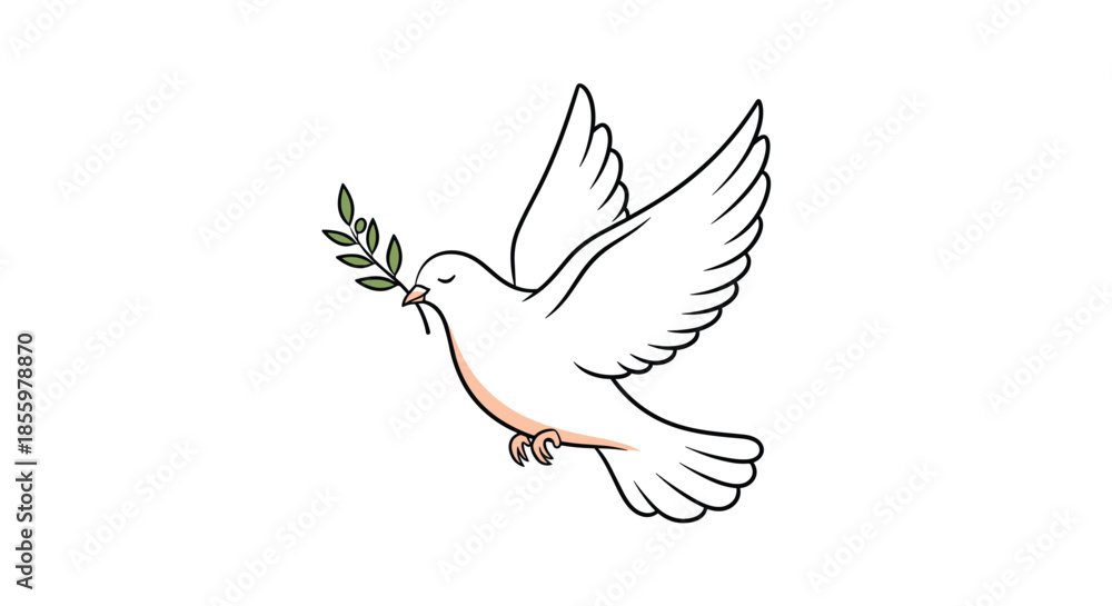 Fototapeta premium A simple and clean illustration of a white peace dove flying gracefully while holding an olive branch in its beak.