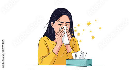 A woman with allergies or a cold is sneezing into a tissue with pollen floating around her and a tissue box nearby.