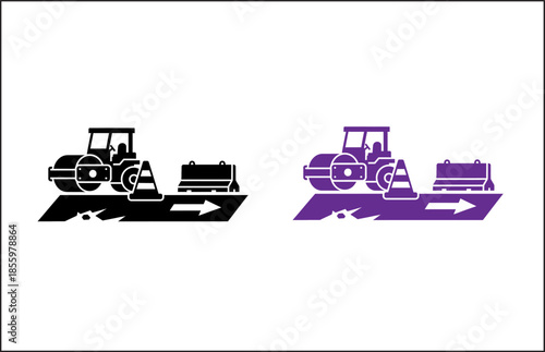 Road construction scene with steamroller and directional arrow