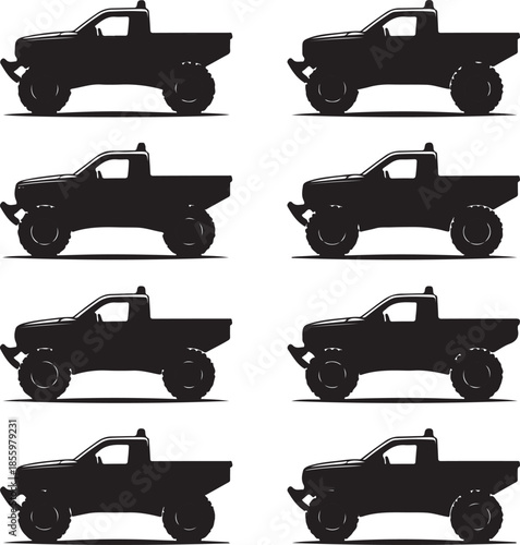 Eight identical offroad pickup trucks side view isolated illustration