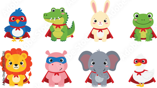 Set of cute cartoon animals wearing superhero capes and masks including lion elephant rabbit frog and crocodile characters.