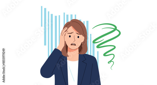A business woman holds her head and looks distressed experiencing dizziness headache or a migraine at work.