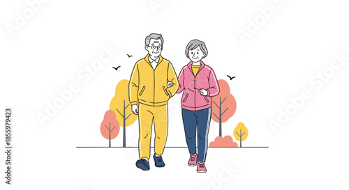 A hand-drawn illustration of a happy senior couple in tracksuits walking arm-in-arm through an autumn park.