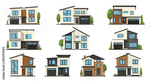 A set of ten modern and contemporary houses with different architectural styles isolated on a white background.