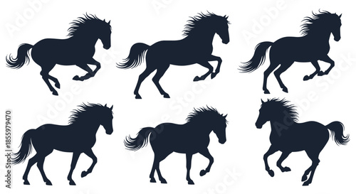 A dynamic set of six black silhouettes capturing the powerful and graceful motion of running and galloping horses on a white background.
