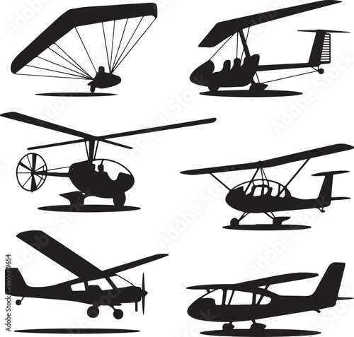 Collection of different ultralight aircraft and gliders silhouettes