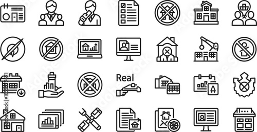 Essential real estate and property management vector line icons for modern business, covering housing, finance, construction, legal, and secure real-world transactions