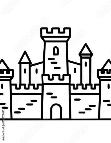 Medieval castle with towers and battlements in black and white