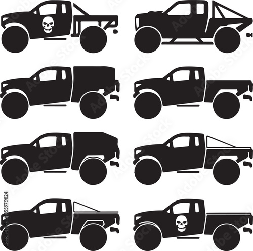 Collection of offroad pickup trucks and utility vehicles isolated