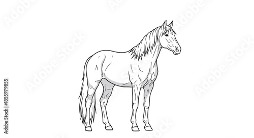 A simple and clean line art illustration of a standing horse in a side profile view perfect for a children's coloring book page.