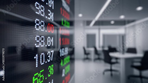The digital flight information display at the airport terminal gate shows an abstract stock market exchange chart and financial data on a high-tech computer network screen for travel and business