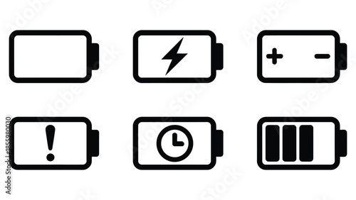 Battery status icon set showing charge levels, warning, charging and low power symbols, simple black outline design isolated on white