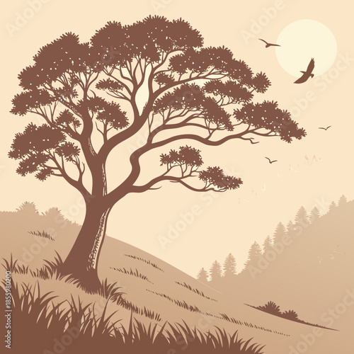 Serene sunset silhouette of a tree