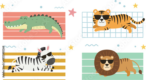 Set of cute cartoon safari animals including crocodile tiger zebra and lion wearing sunglasses relaxing on beach mats