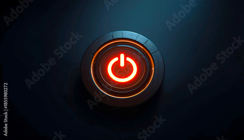 Illuminated red power button glowing in the dark