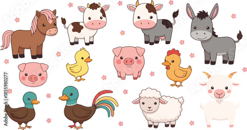 Set of cute cartoon farm animals including horse cows donkey pigs sheep goat chicken and ducks for kids.
