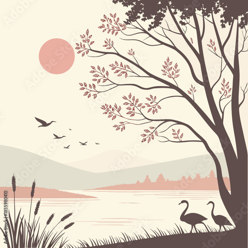 Serene lakeside sunset with birds and trees