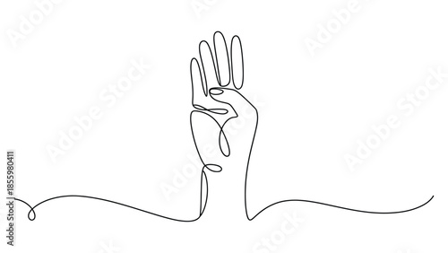 Continuous one line raised hand gesture illustration symbolizing stop, help or greeting, minimal line art drawing isolated on white background