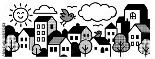 Cute cityscape with simple geometric vector buildings and houses and trees with dotted textures. Black and white color palette. Vector minimalistic illustration